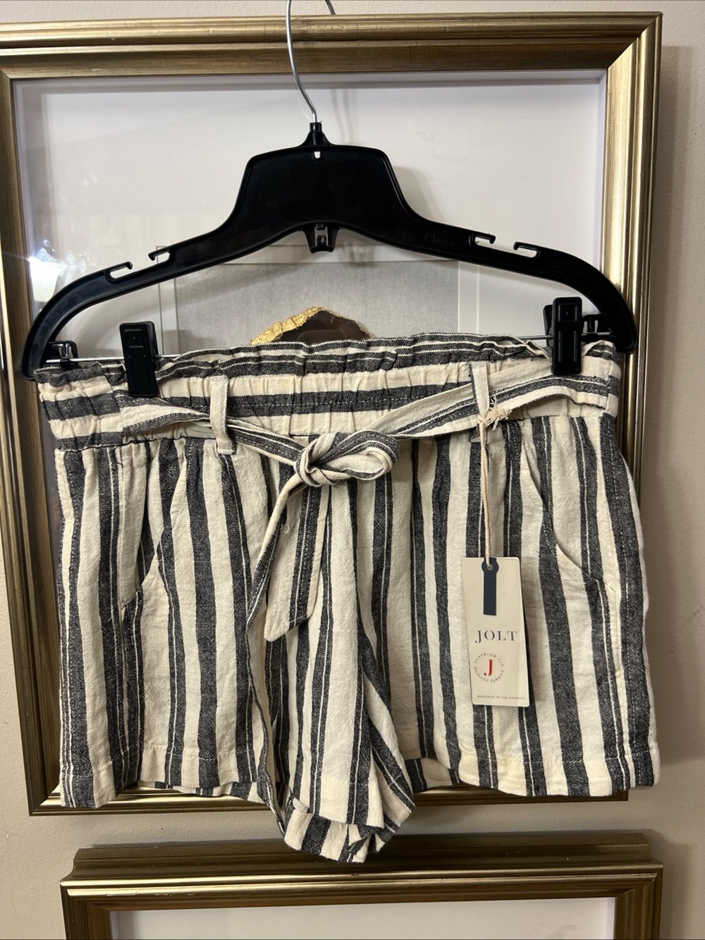 Jolt Paperbag Waist Shorts Womens M Black White Stripe Linen Blend NWT